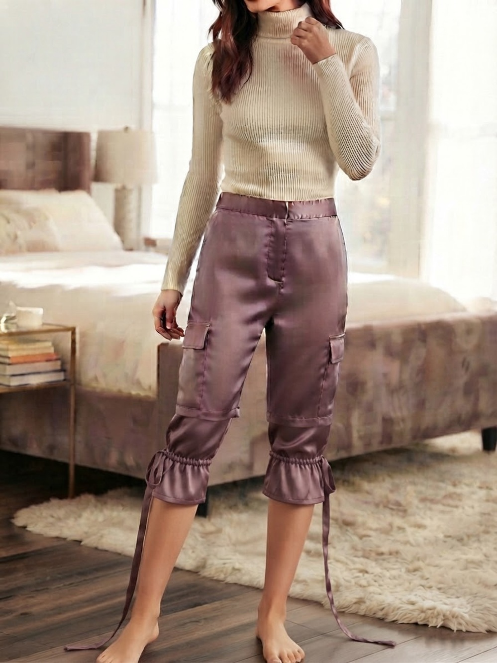 Victoria's Secret Satin Mauve Cargo Capri Pants with Ruched Ties